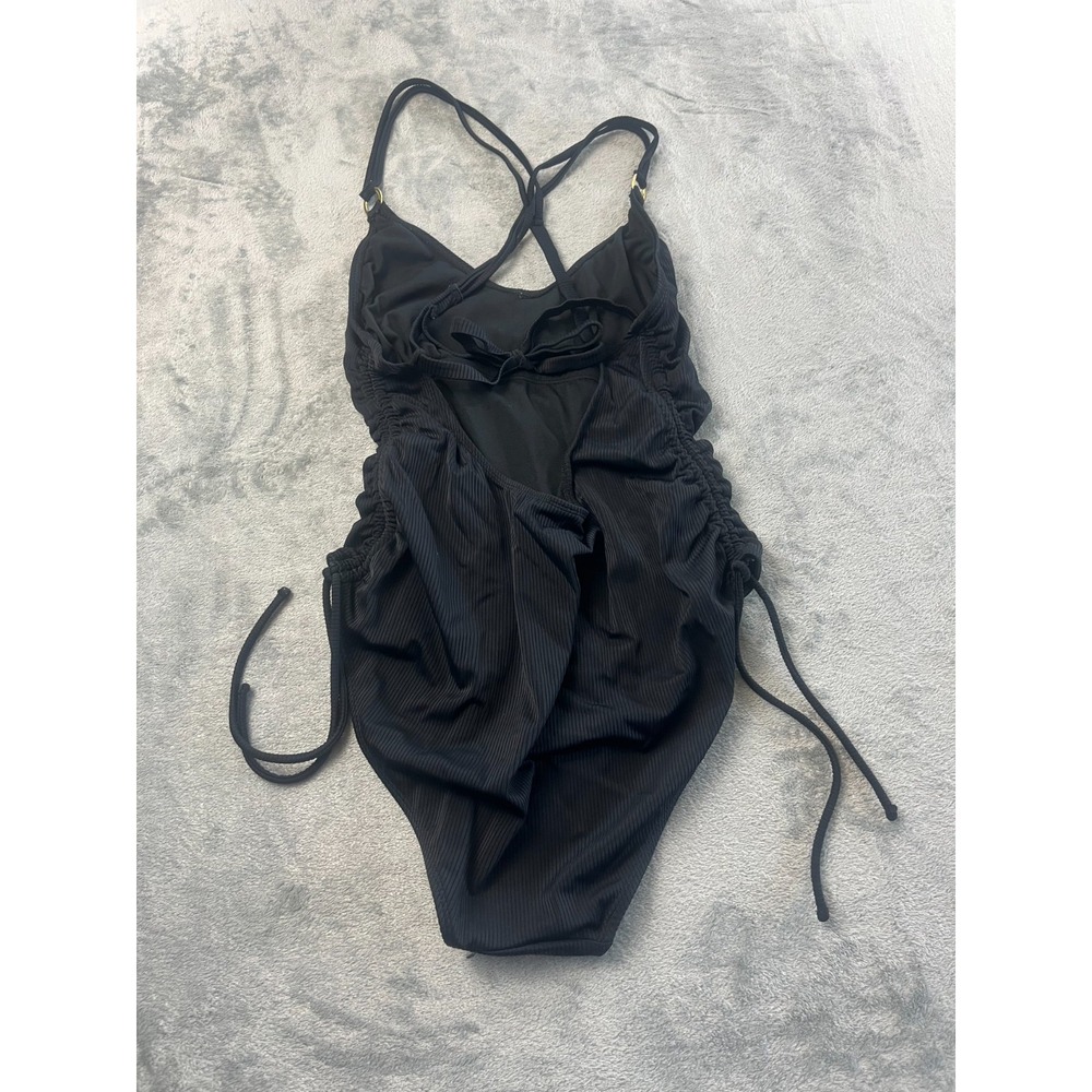 Time and Tru Black One Piece Ruched Swimsuit L 12-14 Strappy Gold Rings Ribbed